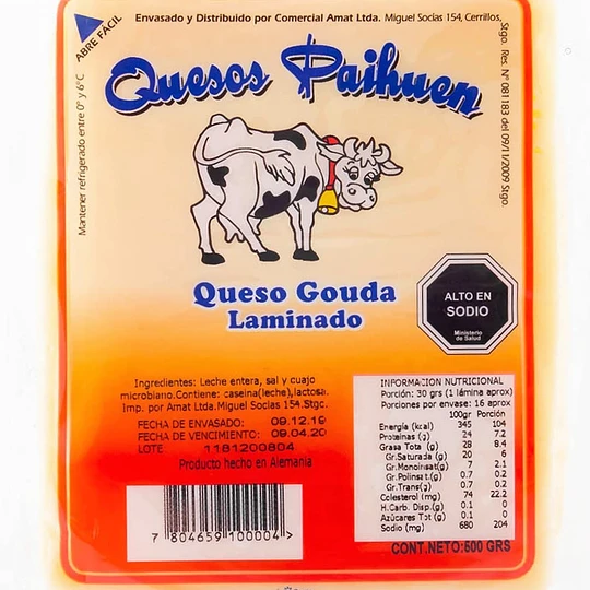 Queso Gauda Paihuen Laminado 500 Gr (Laminado Granel)